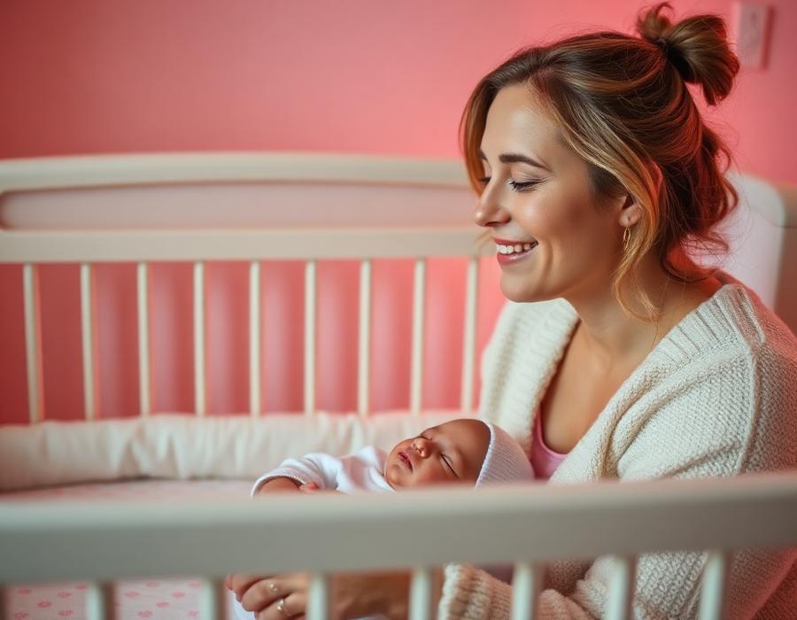 Mãe tranquila com bebê dormindo